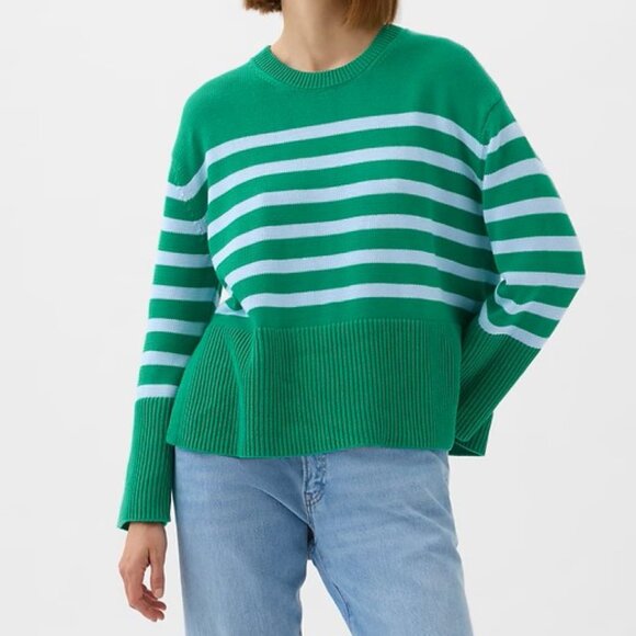 Gap Striped Kelly Green and Light Blue 100% Cotton Sweater Size Tall Large - Picture 1 of 11